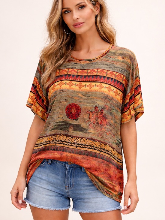 Vintage Tops - Casual Studio Size Medium Boho Tribal Print Top Short Sleeve Southwest Aztec